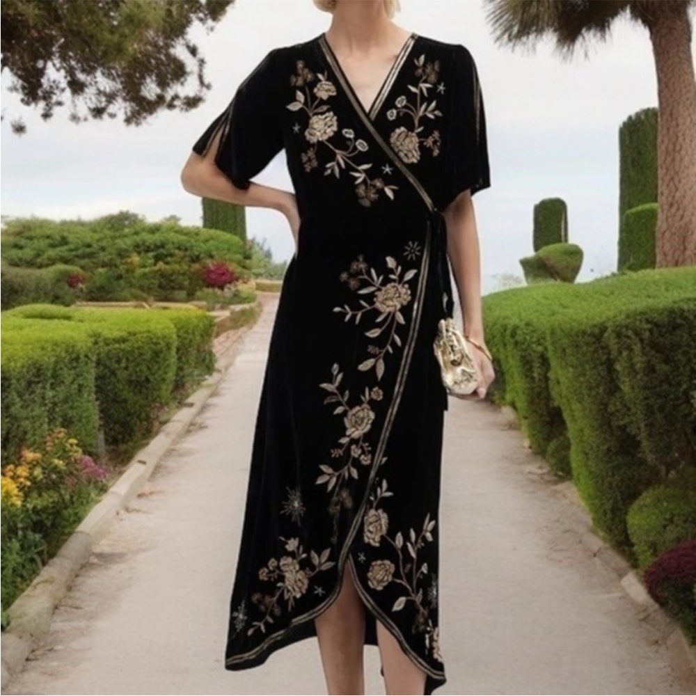 Johnny Was Ally Black & Gold Velvet Wrap Dress with Floral Embroidery